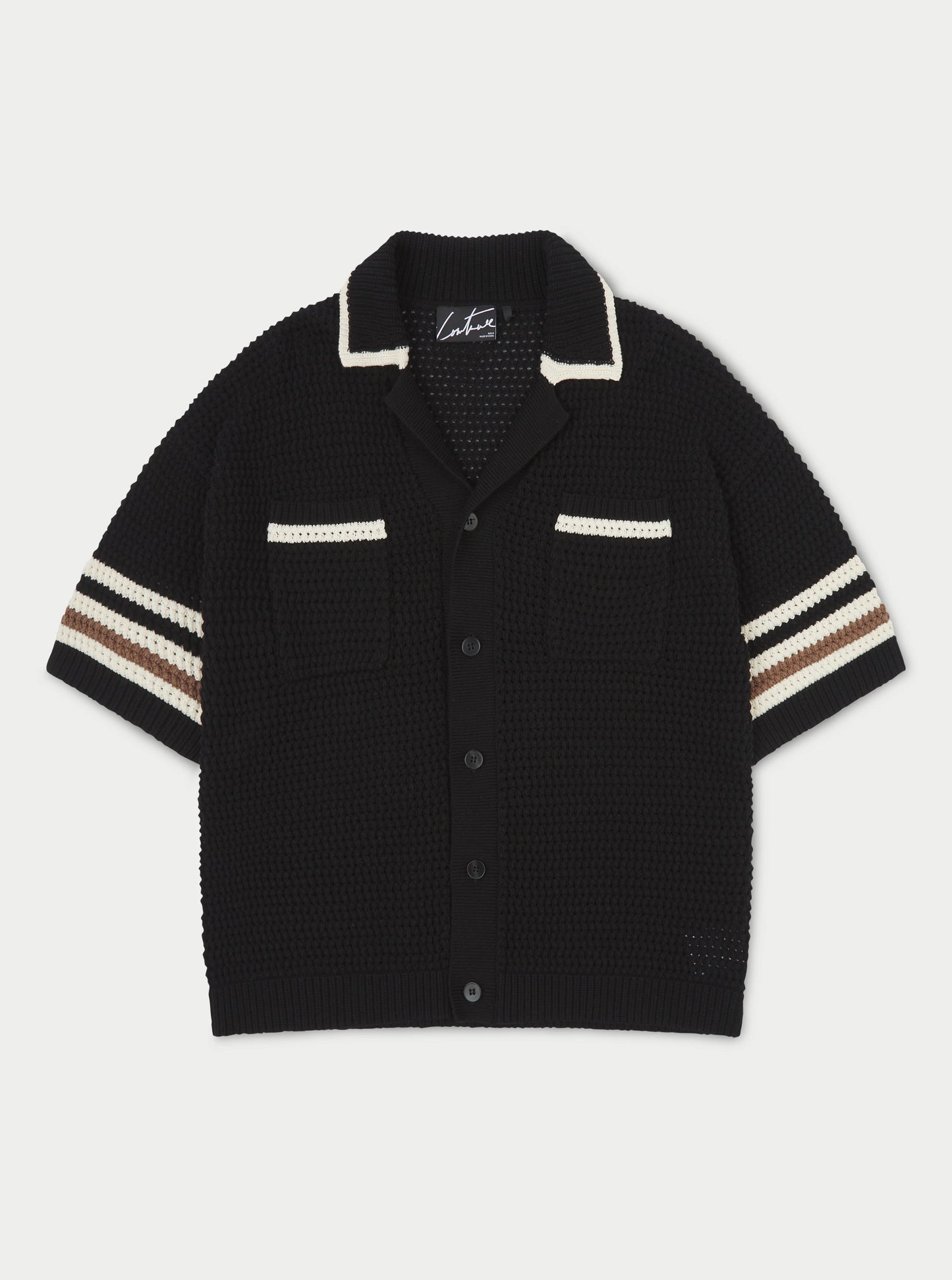 STRIPE TRIM CROCHET KNITTED SHIRT