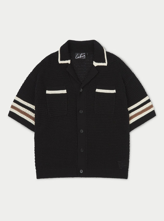 STRIPE TRIM CROCHET KNITTED SHIRT